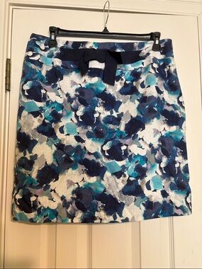 LOFT Blue Floral-Print Pencil Skirt with Navy Bow